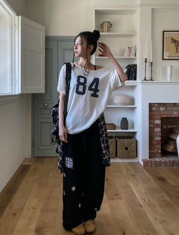84 Numbering Off-Shoulder Loose Fit Short Sleeve